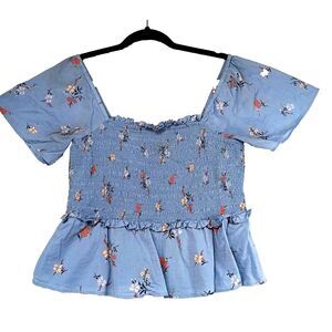 MADEWELL Top Womens S Floral Smocked Cropped Puff Sleeve  Cotton  Blue